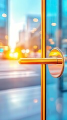 Close-up of a golden door handle on a glass door, with a blurred background of city lights and buildings at sunset.