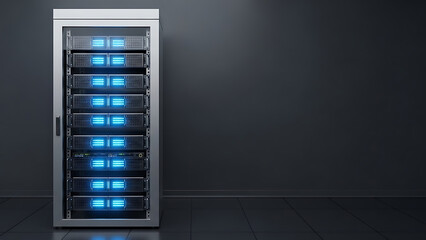 Powerful server rack with glowing blue lights for data storage, reliable network infrastructure, and seamless cloud computing solutions in a modern datacenter