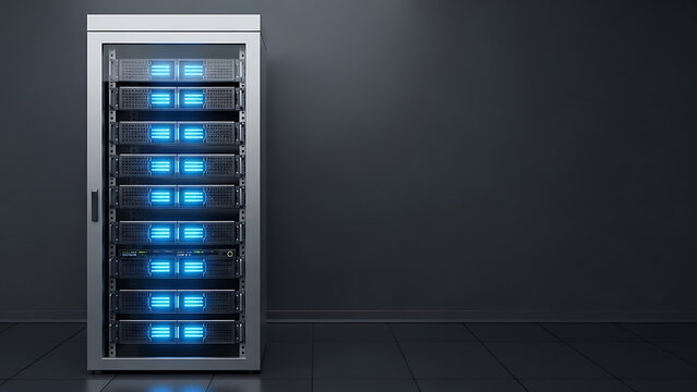 Powerful server rack with glowing blue lights for data storage, reliable network infrastructure, and seamless cloud computing solutions in a modern datacenter