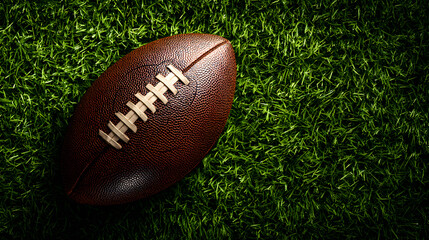 American football ball resting on green grass field