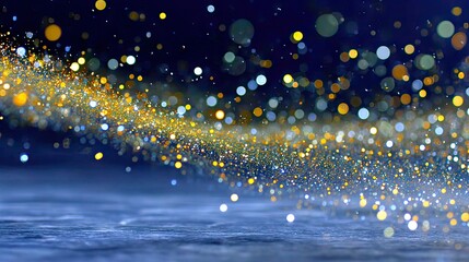 A dark blue background with a swirling stream of golden and white glittering particles, creating a magical and festive atmosphere. Out-of-focus bokeh lights add