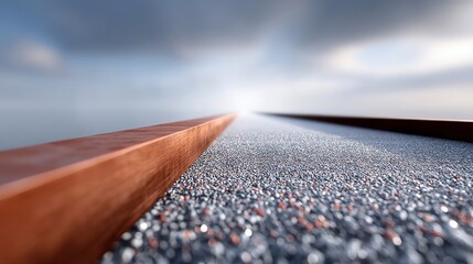 A low-angle view of a gravel path with a wooden railing, stretching towards a bright, hazy horizon under a cloudy sky.