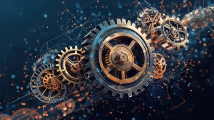 Complex gear mechanism, intricate design.  Connecting gears on a dark background with lines and particles