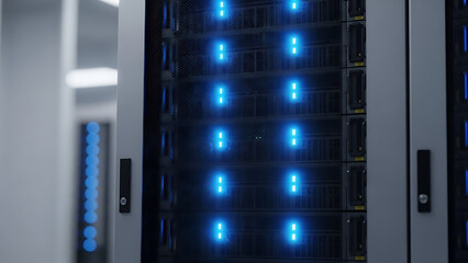 Powerful data servers illuminated with cool blue lights ensure seamless connectivity and reliable performance for modern tech infrastructure solutions