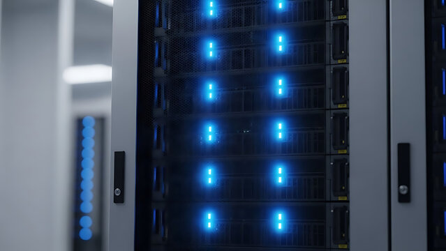 Powerful data servers illuminated with cool blue lights ensure seamless connectivity and reliable performance for modern tech infrastructure solutions