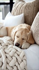 A young adult Golden Retriever dog is sleeping peacefully on a bed, nestled among soft, neutral-toned pillows and a chunky knit blanket. Natural light illuminat
