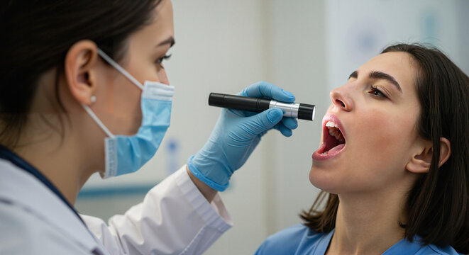 Female doctor examining young woman’s throat in medical office  