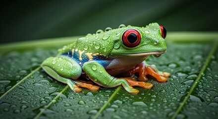 Obraz premium Vibrant tree frog resting on leaf with water droplets closeup
