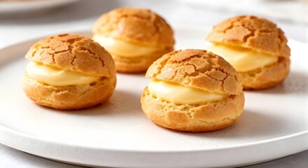 Close up Choux Cream or cream puffs or eclair with Vanilla custard fillings in white plate