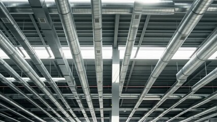 Low angle shot of industrial ceiling featuring metal ducts, beams, and overhead lighting