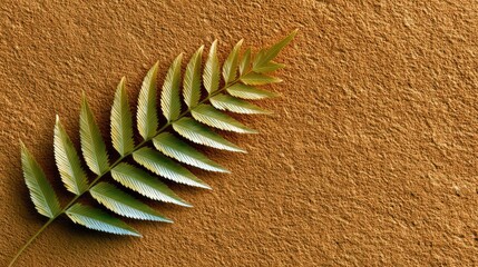 A single green fern frond rests diagonally on a textured, sandy brown surface, with soft natural light highlighting the leaf's delicate veins.