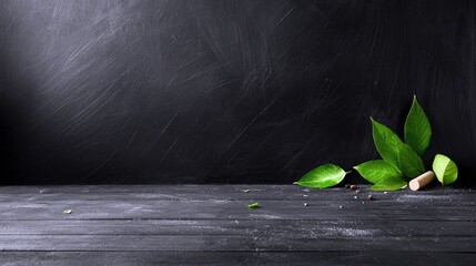 A close-up of fresh green leaves, peppercorns, and a wooden pestle on a dark, textured wooden surface against a dark, scratched background. The lighting is dram