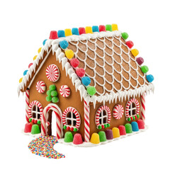 A gingerbread house decorated with colorful candies and sprinkles on a white background.