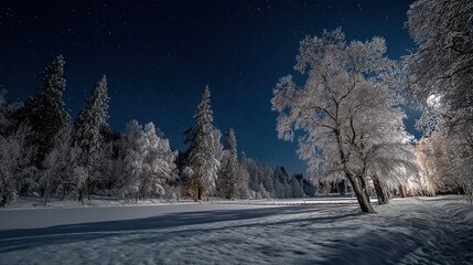 A tranquil winter night scene, trees covered in snow, fresh white snow powder against a deep blue background. Soft shadows are cast, creating a peaceful and magical atmosphere under the starry sky.