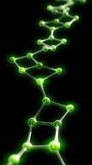 A 3D render of a green molecular structure with glowing nodes and connections against a dark, black background. The structure appears to be a chain of interconn