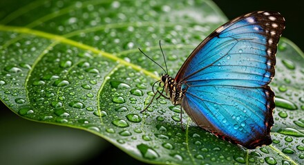 Fototapeta premium Vibrant blue butterfly resting on a lush green leaf with water droplets