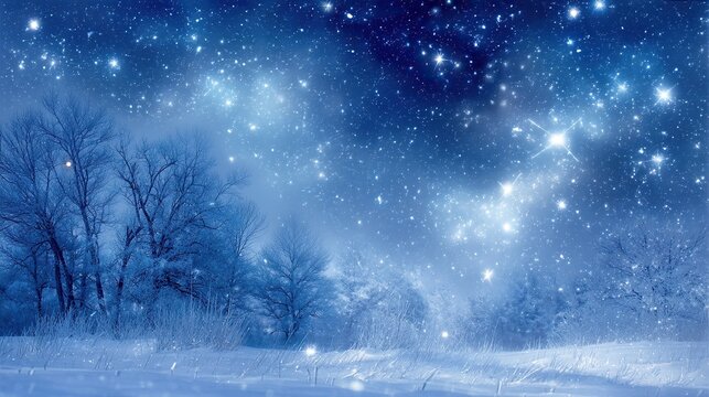 A tranquil winter night scene, trees covered in snow, fresh white snow powder against a deep blue background. Soft shadows are cast, creating a peaceful and magical atmosphere under the starry sky.