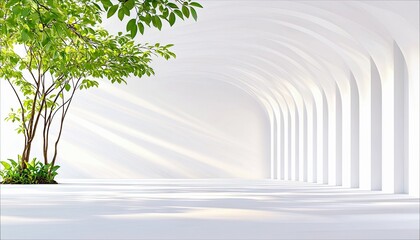 A vibrant green tree with lush leaves stands in a bright, minimalist white hallway with repeating arches. Sunlight streams through, casting dramatic shadows and