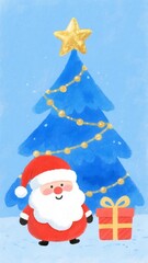 Santa Claus with Christmas Tree and Gift