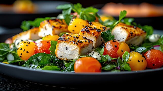 A close-up shot of a gourmet salad featuring grilled chicken pieces, cherry tomatoes, and fresh greens, sprinkled with black sesame seeds and garnished with par