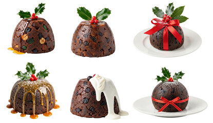 Collection of Christmas pudding with holly leaves and red berries on a white plate.