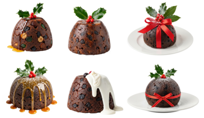 Collection of Christmas pudding with holly leaves and red berries on a white plate.