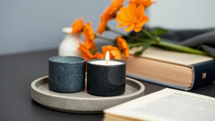 burning candle and flowers