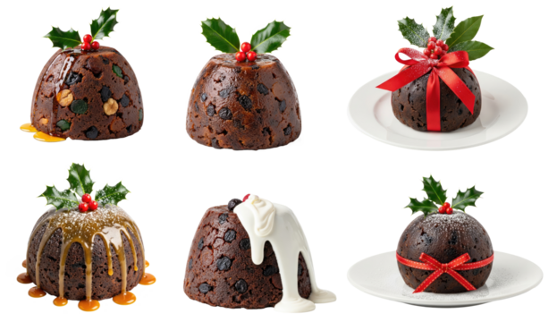 Collection of Christmas pudding with holly leaves and red berries on a white plate.