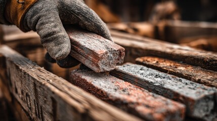 Craftsman's Selection: An experienced artisan's hand, clad in a protective glove, carefully selects a weathered brick, demonstrating skill and dedication in construction.