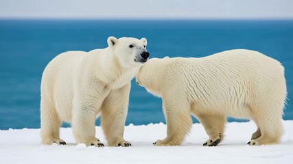 Two arctic polar bear cubs standing on white snow ice observing cold blue ocean water. Climate change wildlife animal footage. - Powered by Adobe