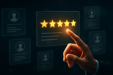 Hand touching a transparent screen displaying five glowing gold stars excellent rating feedback review quality assurance customer service experience
