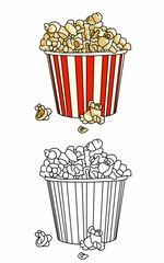 coloring book with popcorn for kids and kindergarten. Snack food doodle