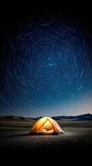 A single, orange tent glows warmly in the vast, dark desert landscape under a sky filled with mesmerizing star trails. The scene evokes a sense of solitude and