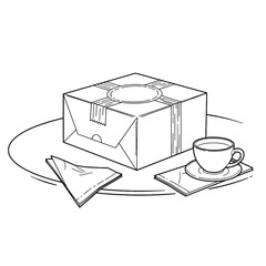Black and White Line Art of Food Box on Tray with Cup and Napkins