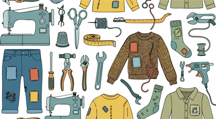 Vintage Sewing Tools and Clothing Repair Illustration