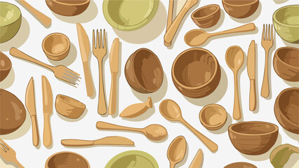 Wooden Kitchen Utensils Seamless Pattern Eco Friendly Tableware for Sustainable Living