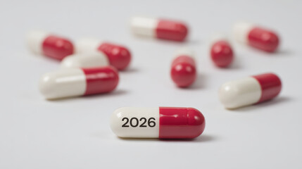 Red and white capsule with year 2026 printed on it symbolizing future of medicine, healthcare planning, and hope for new treatment