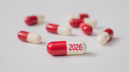 Red white pill capsule symbolizing future year medicine. health and healthcare concept for medical treatment and hopeful pharmaceutical science