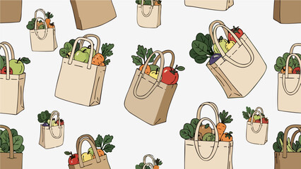 Seamless Pattern of Grocery Bags with Fresh Vegetables and Fruits Vector Background