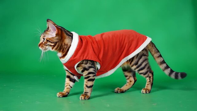 Cute bengal cat dressed in a christmas santa claus outfit walks across the frame. Three frame animation sequence of a domestic pet isolated on a green chroma key background