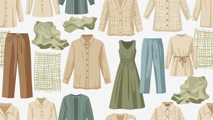 Seamless Pattern Fashionable Outfits in Earthy Tones on a White Background