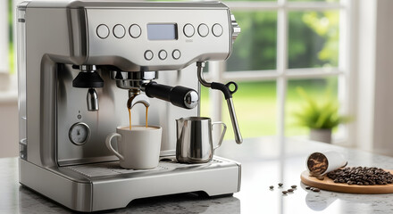 Silver espresso machine making coffee with beans and milk
