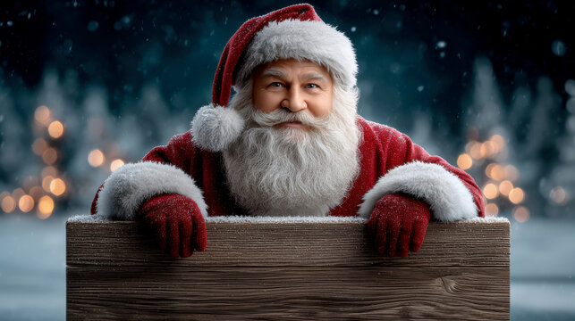Santa Claus enjoys the winter night outdoors, leaning on a wooden sign against a backdrop of glowing lights