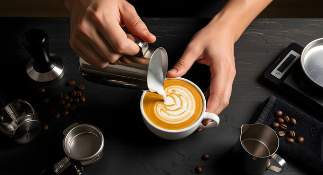A barista pouring milk into a cup of coffee creating latte art on a dark textured surface view from above