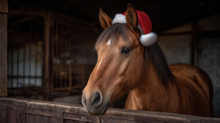 Obraz premium Cute brown horse wearing festive santa hat for christmas holiday. This calm animal portrait inside rustic wooden barn or cozy stable