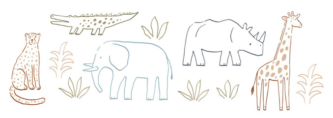 Obraz premium Safari animals cute illustration in doodl style. Outline hand drawn print. African wild animals character