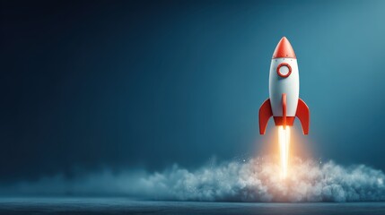 Rocket Launching Into Space With Bright Flames, Creating Clouds of Smoke Against A Dark Blue Background for Inspiration and Innovation Concepts