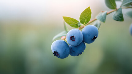 Serene closeup of fresh blueberry cluster on branch. Ripe natural fruit growing in an organic garden creating peaceful healthy feel