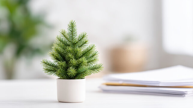 Cheerful miniature Christmas tree decoration on an office desk. Festive holiday winter scene with paper creating simple minimal workplace concept