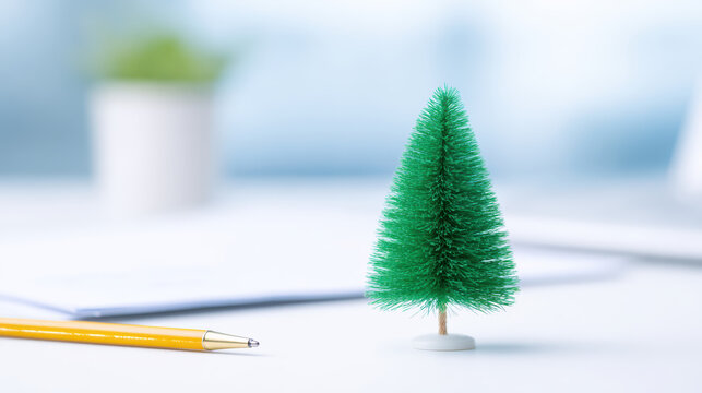 Simple miniature Christmas tree decoration brings festive holiday joy to winter office desk. clean and bright workplace celebration concept - Powered by Adobe